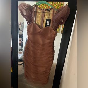 Puff sleeve brown dress with mesh